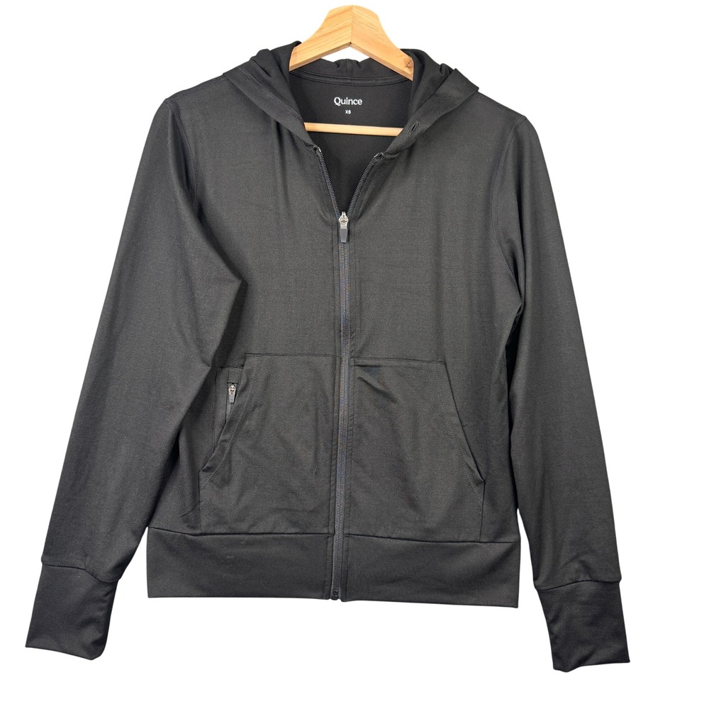 Quince Black Performance Full-Zip Hoodie XS Recycled Polyester Spandex Thumbhole